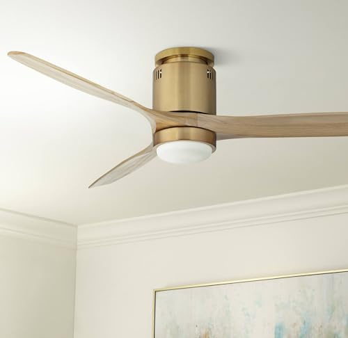 Casa Vieja 52 Windspun Modern Indoor Ceiling Fan 3 Blade LED Light Remote Control Soft Brass Finish Wood Blades Bedroom Living Room Kitchen Dining Office Hugger DC Motor Flush Mount Low Profile