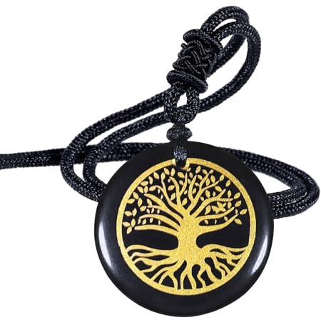 Nupuyai Collier en Obsidienne Ronde avec Cordon Ajustable, Pendentif de Cristal, Bijoux Unisexe en Quartz, Pierre Porte-bonheur pour Protection Bonne Chance, Arbre de Vie