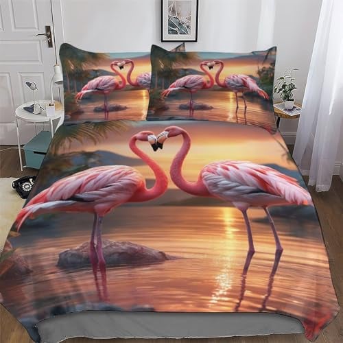 PAZZK Flamingo Muster Bettwäsche Set, 3D Druck Bettbezug 2teilig, Hypoallergen Mikrofaser Bettbezüge Mit Kissenbezug Für Jungen Mädchen Deckenbezug, Single (135x200cm)
