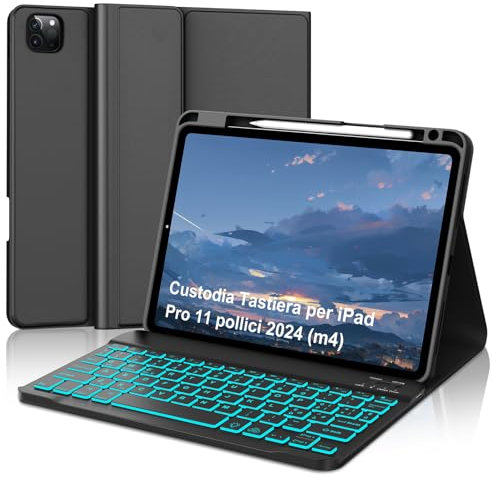 FOGARI Tastiera Retroilluminata Bluetooth per iPad 10/10.2, Air 11/13, Samsung Galaxy Tab, Xiaomi Pad, Lenovo Tab, Ricaricabile Sottile QWERTY Tastiera Wireless per Tablet iOS/Windows/Android, Nero