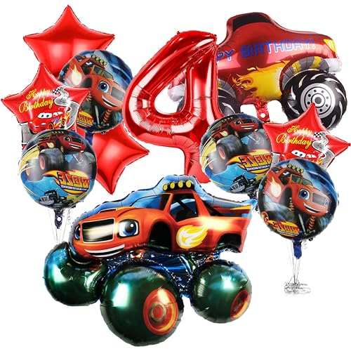 Ctxtqtdt 11 Stück Monste-truck Geburtstagsdeko 4 Jahre Junge, Cars Luftballons Geburtstag Set, Rennwagen Kindergeburtstag Folienballon, Geburtstag Party Deko Ballons Set für Kinder (4)