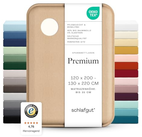 Schlafgut Premium Spannbettlaken 95% Mako Bio Baumwolle & 5% Elasthan Made in Green by Oeko Tex (120x200cm bis 130x220cm Matratzenhöhe von 18 bis 35 cm, Off-White)