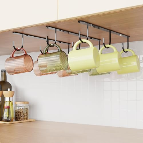 Luckinow Paquete de 3 ganchos para tazas debajo del gabinete, soporte para tazas de café para colgar debajo del estante, taza de café con 9 ganchos para mostrar tazas, tazas de café y utensilios de