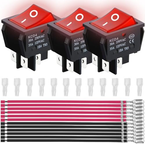 MKBKLLJY 3 STK Wippschalter KCD4 30A 250V AC/35A 125V AC DPST 4 Pins 2 Positionen EIN/AUS Rote LED-Leuchte Beleuchtet Snap-In-Hochstromschalter für Boote T85 12 PCS Anschlusskabel Ummantelung