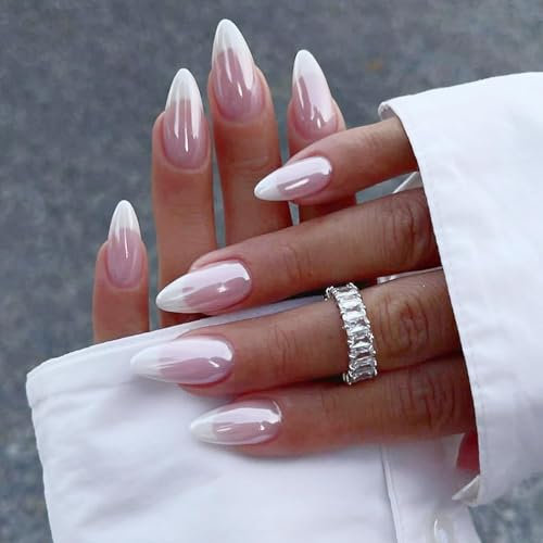 Ceboic 24Pcs Faux Ongles Amande Moyen Aurore Rose French Blanc Tips Press on Nails Brillants Ballerine Ongles à Coller Réutilisables Naturel Ongles Artificiels Acrylique Faux Ongles pour Femmes Filles