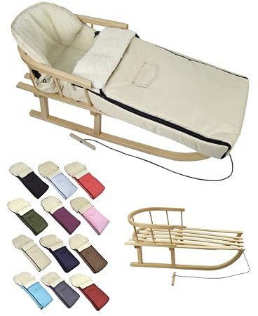 BambiniWelt Holzschlitten mit Rückenlehne & Zugseil + Winterfußsack 108 cm – warme Lammwolle, wasserabweisend – Kombi-Set für Kinderwagen & Buggy, Farbe: beige