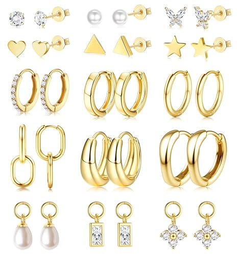 Diamday 12 Paar Hypoallergene Ohrring Set Für Damen 316L Chirurgenstahl Ohrringe Gold Ohrringe Creolen Piercing Ohr Gold Medizinische Creolen Ohrstecker Tragus Knorpel Helix Mehrfache Piercings