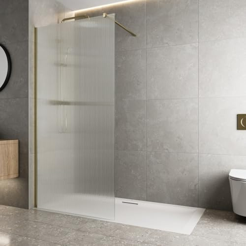 BAYSTONE® 700mm Wet Room Shower Screen Panel 8mm Fluted Toughened Safety Easy Clean Glass Walk in Shower Enclosure, Frameless Panel, Brushed Brass