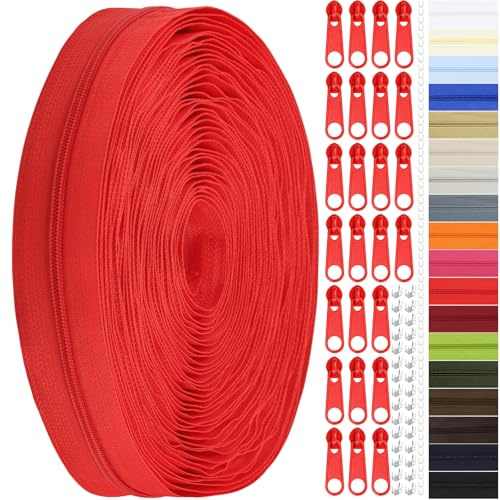 Endlos Reissverschluss mit Zipper, 3mm 11m Nylon Endlosreißverschluss Meterware und 25 Zipper aus Metall für Kleidung Tasche Mäppchen Bettwäsche (Rot, #3)