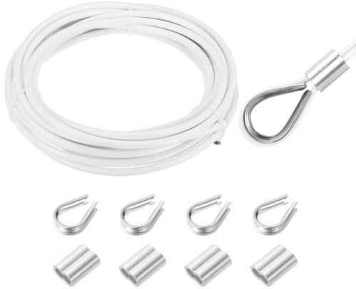 sourcing map Cuerda de alambre de 33 pies, cable de acero inoxidable 304, revestimiento de vinilo de 8 mm con 4 fundas de aluminio y dedal para barandilla, cubierta, colgar, tendedero, color blanco