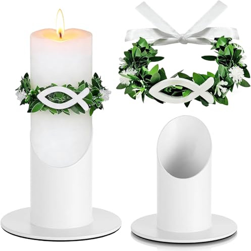 Tropfschutz Kommunionkerze,Kerzen Tropfschutz Kommunion mit 4 cm Weiß Kerzenständer,Kerzenrock Kommunion,Tropfenfänger Kommunionkerze zubehör für Kerzen mit Schleife