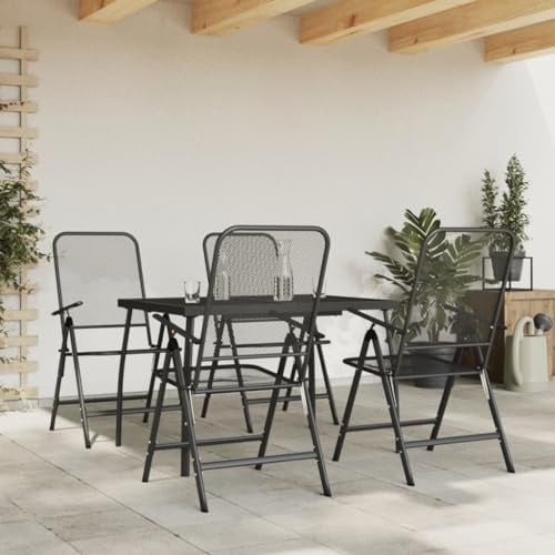 QUAHEAS 5-TLG. Garten-Essgruppe Anthrazit Streckgitter, Metall-Gartentisch mit 4 klappbaren Stühlen, verstellbare Rückenlehne, für Terrasse, Balkon, Garten, Outdoor Möbel Set