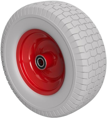 1 x Rueda de poliuretano Ø 400 mm 6.50-8, 2 cojinetes de bolas robot cortacésped tractor a prueba de pinchazos, gris/rojo