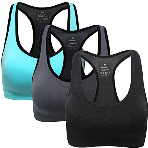 ANGOOL Damen Komfort Klassische Racerback Sport BH Top Fuer Yoga Fitness-Training, Schwarz+grau+azurblau, M Fit 70DD 70E 75D 80BC 85BC