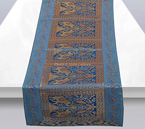 Stylo Culture Dekorativer Indien Tischläufer Türkis Gold Elefant Pfau Bohemien Jacquard Tischdecke Rechteckig 5 Fuß Für Kaffeetisch Brokat Party Tischdekoration (40 x 152 cm)