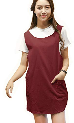 Weiche Schürze aus Baumwollleinen, Einfarbig, überkreuzte Träger am Rücken, X-Form im japanischen Stil, zwei Taschen, runder Rocksaum, Küche, Kochen, Koch, angenehm