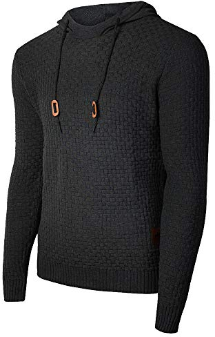 Genfien Pull décontracté à Capuche à Manches Longues pour Homme avec Encolure en Entonnoir à Carreaux en Jacquard - Noir - XL