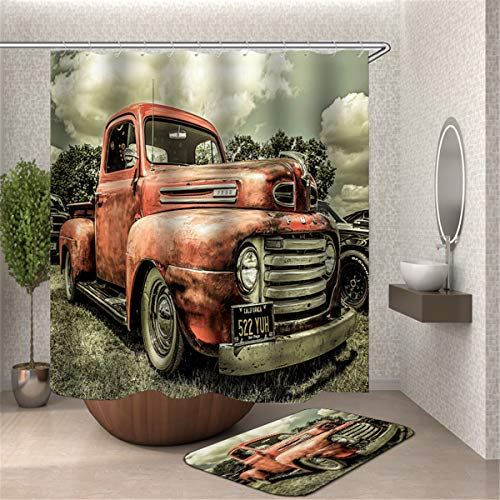 FANSU Duschvorhang Wasserdicht Anti-Schimmel Anti-Bakteriell, 3D Drucken 100% Polyester Bad Vorhang für Badzimmer mit C-Form Kunststoff Haken (Retro Auto,90x180cm)