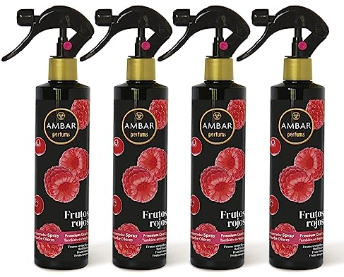 Ambar Perfums - Ambientador Spray Absorbe Olores Frutos Rojos Especial Tejidos, ¡No mancha! Pack de 4 uds de 280 ml.