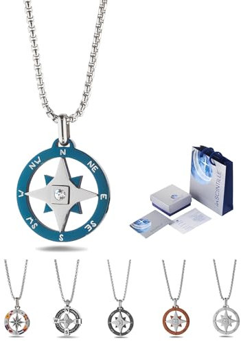 inSCINTILLE Collana Uomo Acciaio Ciondolo Rosa dei Venti, Lunghezza Regolabile 48-53 cm, Confezione Regalo Inclusa, Collanina Uomo Pendente, Catenina (Rosa dei Venti e Zircone - Blu)