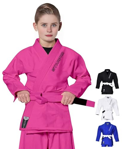 Starpro BJJ Gi Kinder – Jiu Jitsu Gi mit weißem Gürtel, Pearl Weave | Komplettes Jiu Jitsu Gi Kinder Set: Jacke, Hose, weißer Gürtel, vorgeschrumpfte Jacke und verstellbarer Kordelzug.