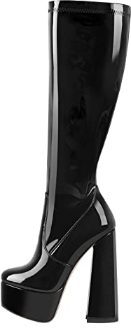 Only maker Damen Plateau Stiefel Langschaft Stretch Stiefel mit Blockabsatz Reißverschluss Knee High Boots Lack Schwarz 44 EU
