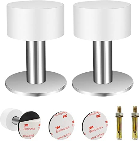 GZkushi 2 topes de puerta de pared de acero inoxidable 304, autoadhesivos, para montaje en pared para proteger las puertas, con 2 tornillos de expansión y 2 adhesivos 3M (blanco/plateado)