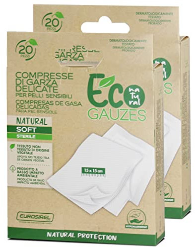 Paquete de 2 Cajas de 20 Gasas Estériles ecológicas, Compresas de Algodón no tejido color Blanco - Formato 15 x 15 cm -JUANIO-