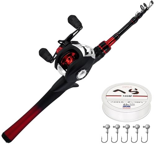Kilitn Angelrute und Rolle Combo, Baitcasting Combo Baitcast Reel 1.5M Langlebige Fiberglas-Teleskoprute mit Angelschnur Full Kits Komfortabler Griff (Links)