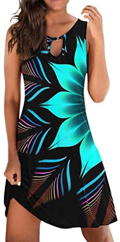tsaChick Sommerkleid Damen Casual Tunika Minirockkleid Bodycon Schmal Slim Fit Ärmelloses Bleistiftkleid Allover Bunt Bedrucktes Weste Sommerkleid Women's Kleid Geknoteter Ring mit Hohlem Rundhals