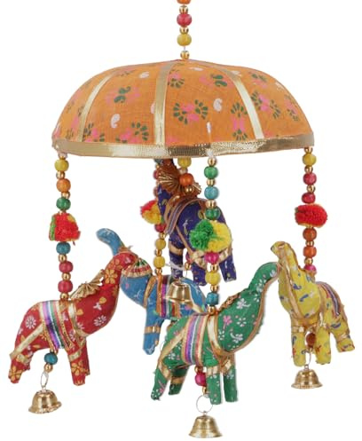 Original indisches Elefanten Mobile mit Glöckchen, bunt, orange | Buntes Mobile mit Glöckchen, Perlen und Bommeln, indische Exotik für Ihr Zuhause.
