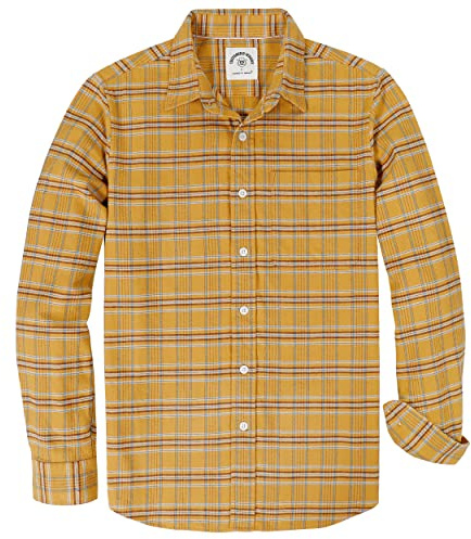 Dubinik® 6 oz Chemise Flanelle Homme Carreaux Boutonné Vintage Manches Longues Chemises Fashion Casual Chaude Coton Carreaux Jaune XL