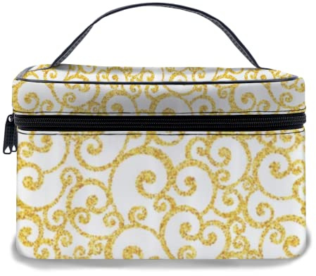 Trousse de Maquillage en Cuir, tourbillons de Lierre Floral en Jaune doré, Sacs de Maquillage Portables imperméables