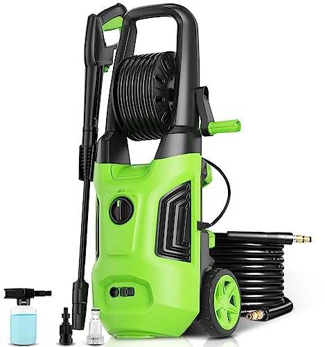 COOCHEER Hochdruckreiniger mit Schlauchtrommel| 230V 2200W | max. Fördermenge: 450 l/h| 170Bar| 5m Hochdruckwasserleitung + 5m Netzkabel,IPX5 wasserdicht, 500 ml Abnehmbarer Reinigungsmitteltank