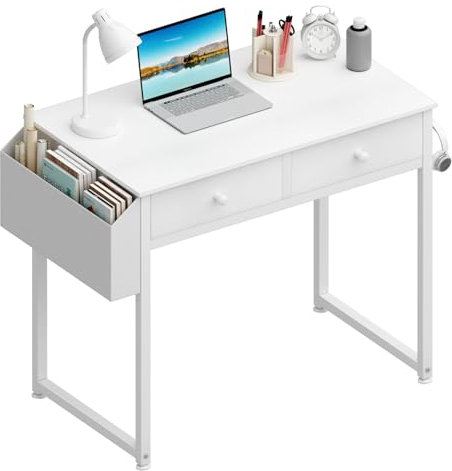 Lufeiya Schreibtisch weiß mit 2 Schubladen Kleiner Schreibtisch mit Stauraum Computertisch für Büro HomeOffice 80x40x79 cm
