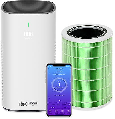 AERTECNICA Purificatore d'Aria per Allergie e Asma, Filtro HEPA 12, ionizzatore, CADR 350 m³/h, elimina Acari Polveri Pollini Odori Muffe, Modalità Sonno silenziosa (Purifcatore + 2 filtri HEPA)
