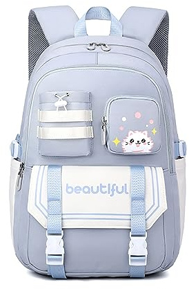 FANDARE Niedlich Kinderrucksack Schulranzen Mädchen Junge Schulrucksack Büchertaschen für Grund-, Mittel- und Oberschüler Rucksack Hochschule Schultertasche Reisen Schule Daypacks Grau Blau