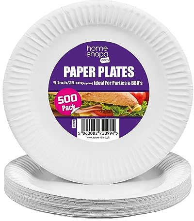 HOMESHOPA Paper Plates, 500 Pack White Disposable Party Plate, 9inch/23cm Round Dinner Plates, Strong Durable Hot Cold Use, Parties Buffets Picnics BBQ Weddings Camping Outdoor