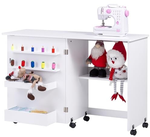 Vividwood Zusammenklappbarer Nähtisch, Mehrzweck-Bastelstation & Beistelltisch mit kompaktem Design, Räder, Regale, Behälter, Heringe, magnetische Türen, Metall-Türknäufe - Weiß