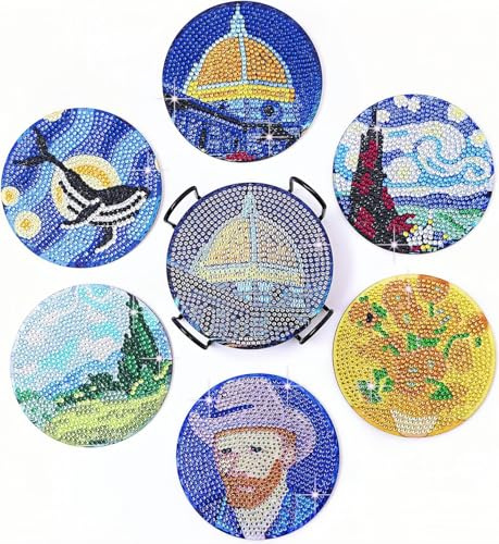 5D Diamond Painting Coasters Kits with Holder, WOWDECOR DIY Van Gogh Famous Paintings Diamond Art Coasters to Make Set of 6 for Coffee, Beer, Mug and Wine Glass