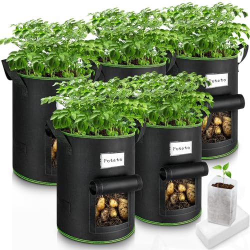 Enbagold Potatoes Growing Bags, 5 Pack 10 Gallon Plant Grow Bags with Non-woven Seedling Bags, Breathable Fabric Plant Pots Planter, Grow Bags for Vegetables, Potatoes, Carrot, Tomatoes, Onion, 40L