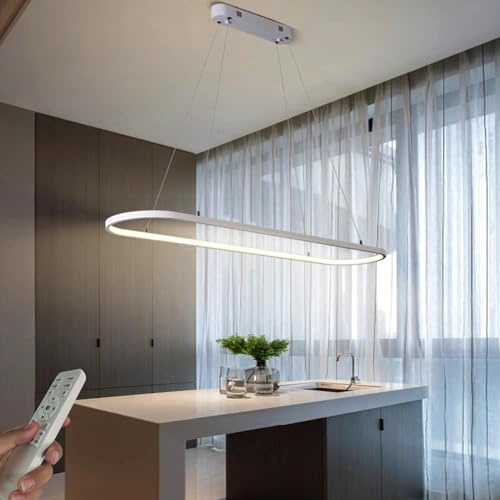 WJYCYN Dimmbar Oval LED Kronleuchter Pendelleuchte moderner Esstisch Büro mit Fernbedienung ring Hängelampe höhenverstellbar Blendfreesszimmer Arbeitszimmer Wohnzimmer Kücheleuchte B:Weiß L100cm 45W