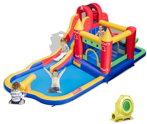 COSTWAY Hüpfburg mit Gebläse, Trocken-/Wasserrutsche, Kletterwand, Sprungbereich, Wasserkanone & Planschbecken, Bouncy Castle für Kinder, 624 x 270 x 235 cm