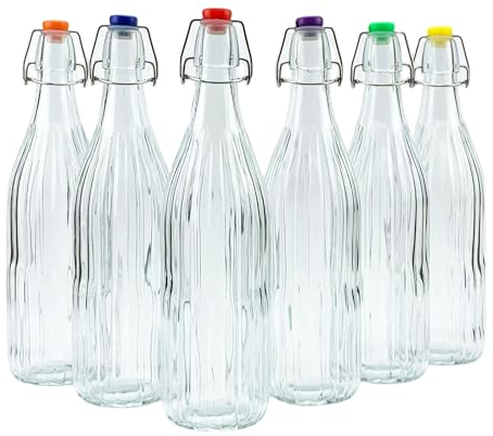 simpa 1L Vintage Style Clear Embossed Vertical Stripe Patterned Bottles with Assorted Colour Swing Top Lids