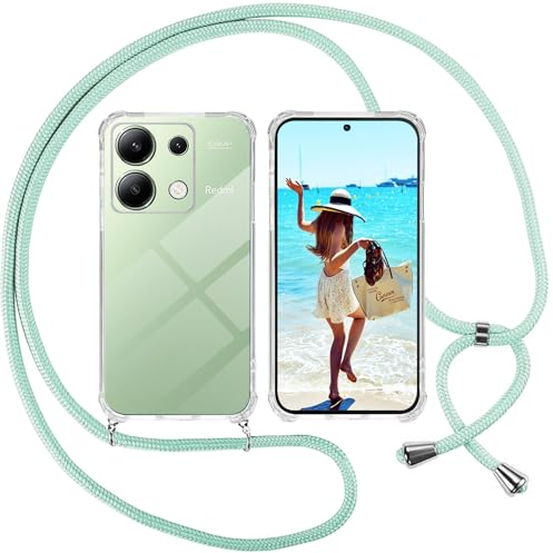ISOI Funda con Cuerda para Xiaomi Redmi Note 13 4G, Carcasa Transparente TPU Suave Silicona Case con Correa Colgante Ajustable Collar Correa de Cuello Cadena Cordón, Verde