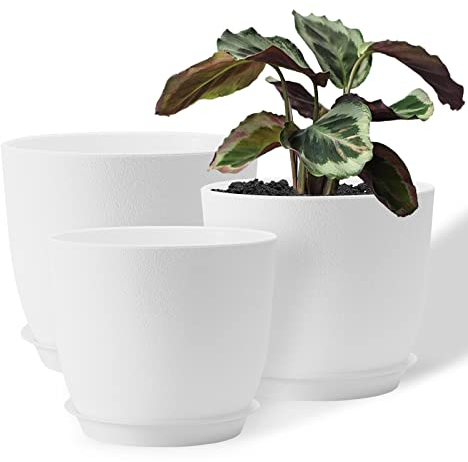 FORAGIFT 25/23/20cm Plant Pots Indoor, 3 Pack Modern Decorative Plastic Planters with Drainage Holes and Tray for House Plants, White