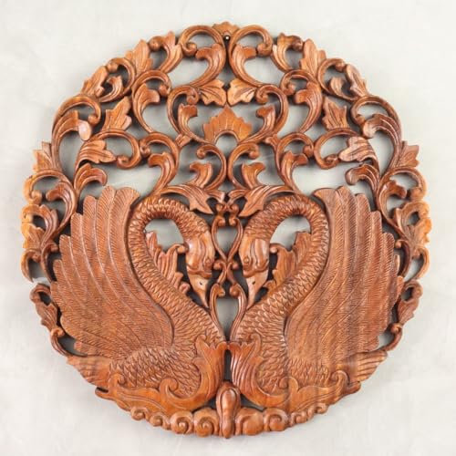 Oriental Galerie Schwäne Schwan Symbol Schwanen Wandbild Wanddeko Mandala Zeichen Relief Schnitzerei Deko Holz ca.40 cm