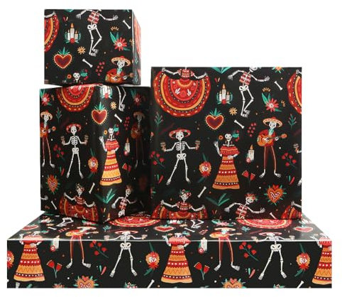 Geschenkpapier zum Tag der Toten, bunte Horror-Totenkopf-Rosen, mexikanisches Grusel-Design, 4 gefaltete flache Blätter, Dia de los Muertos, Halloween- und Weihnachtsfeier, DIY-Bastelgeschenke