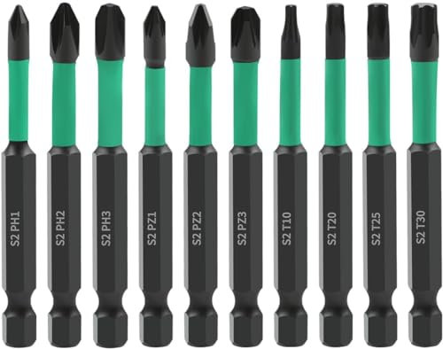 Uadme Screwdriver Bits Sets Mixed, 10pcs 70mm S2 Steel Phillips Pozi Torx Strong Magnetic Screwdriver Bit Set with 1/4 Inch Hex Shank, PH1 PH2 PH3 PZ1 PZ2 PZ3 T10 T20 T25 T30
