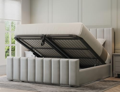 Furnishion Ottoman Bed - Cream Velvet Double Bed with Storage - Panel 4ft6 Bed - Mattress Not Included & 48inch High Headboard